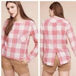 Cloth and Stone x Anthropologie Pink White Check Linen Blend Shirt Small